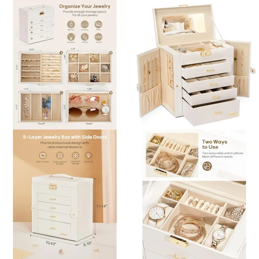 Synthetic Leather Huge Jewelry Box Mirrored Watch Organizer Necklace Ring Earring Storage Lockable Gift Case White + Gold
Synthetic Leather Huge Jewelry Box Mirrored Watch Organizer Necklace Ring Earring Storage Lockable Gift Case White + Gold