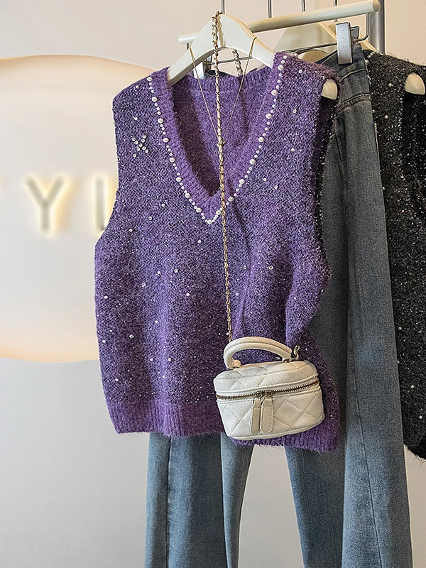 Glittery V-Ne Knitted Vest Women's ort Sle Bright Sequins Heavy-Du Faion Spring Season plus Size Sensation Top
Glittery V-Ne Knitted Vest Women's ort Sle Bright Sequins Heavy-Du Faion Spring Season plus Size Sensation Top