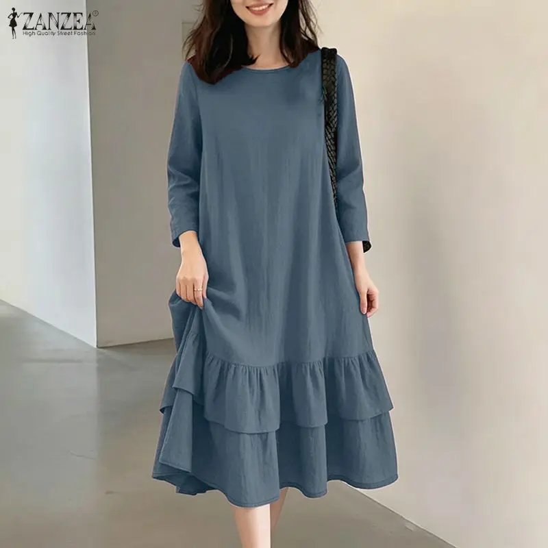 Women's Casual Loose Ruffled Hem Midi Dress O-Neck 3/4 Sleve Solid Color A-Line Dresses ZANZEA Crinkled Fabric Robes Femme
Women's Casual Loose Ruffled Hem Midi Dress O-Neck 3/4 Sleve Solid Color A-Line Dresses ZANZEA Crinkled Fabric Robes Femme