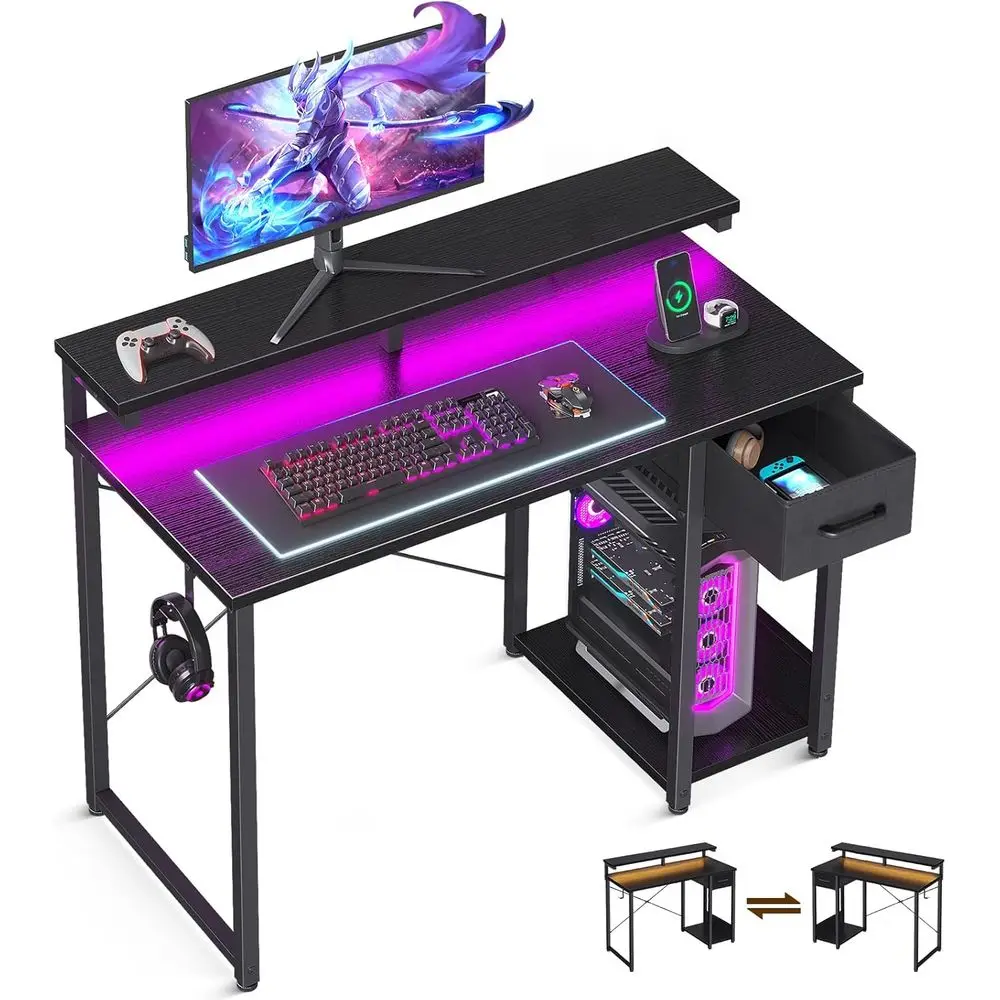 LED-Illuminated 40 Desk with Drawers, Reversible Small Desk, Monitor Stand & Peg Hook for Home Office or Bedroom, Black
LED-Illuminated 40 Desk with Drawers, Reversible Small Desk, Monitor Stand & Peg Hook for Home Office or Bedroom, Black