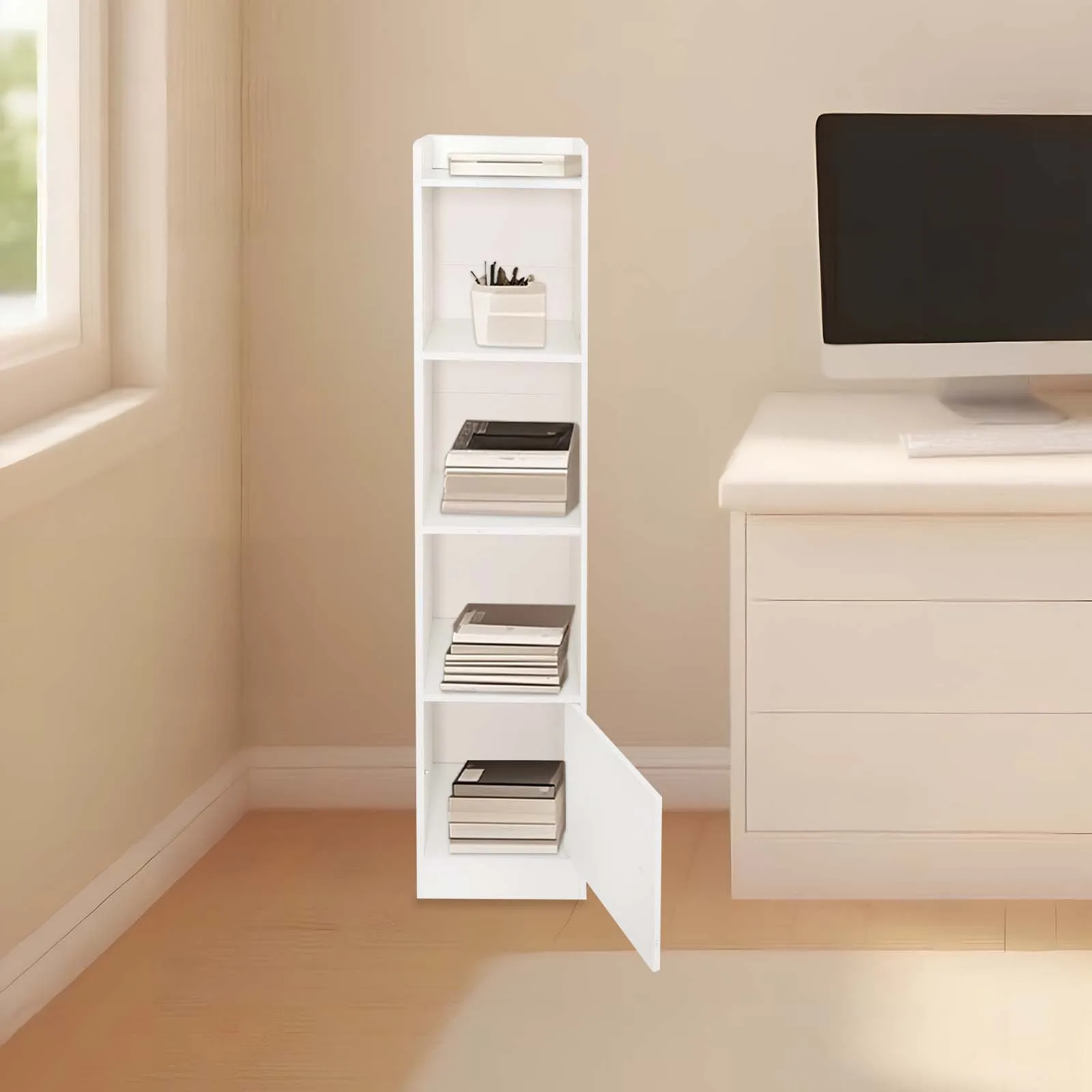 Warm White Four Layer Storage Rack With Door Design 30x125cm Freestanding Storage Cabinet Open Shelves Tower Rack with Door
Warm White Four Layer Storage Rack With Door Design 30x125cm Freestanding Storage Cabinet Open Shelves Tower Rack with Door