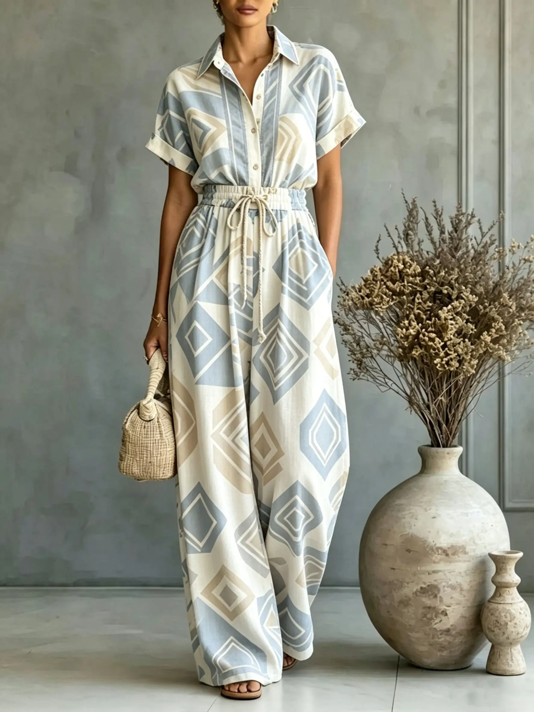 Women‘sMorandi Ethnic Geometric Diamond Printed 2 Piece Sets Summer Lapel Neck Sleeveless V-Neck Tank Top Loose Wide Leg Pants
Women‘sMorandi Ethnic Geometric Diamond Printed 2 Piece Sets Summer Lapel Neck Sleeveless V-Neck Tank Top Loose Wide Leg Pants