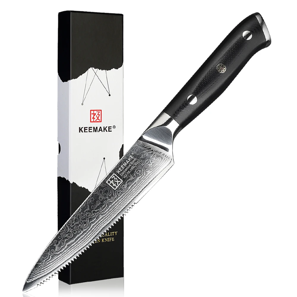 KEEMAKE 5" Inch Serrated Steak Knife Extra Sharp VG10 Damascus Steel Table Meat Cutting Slicing Knife Kitchen Tool HRC60+
KEEMAKE 5" Inch Serrated Steak Knife Extra Sharp VG10 Damascus Steel Table Meat Cutting Slicing Knife Kitchen Tool HRC60+