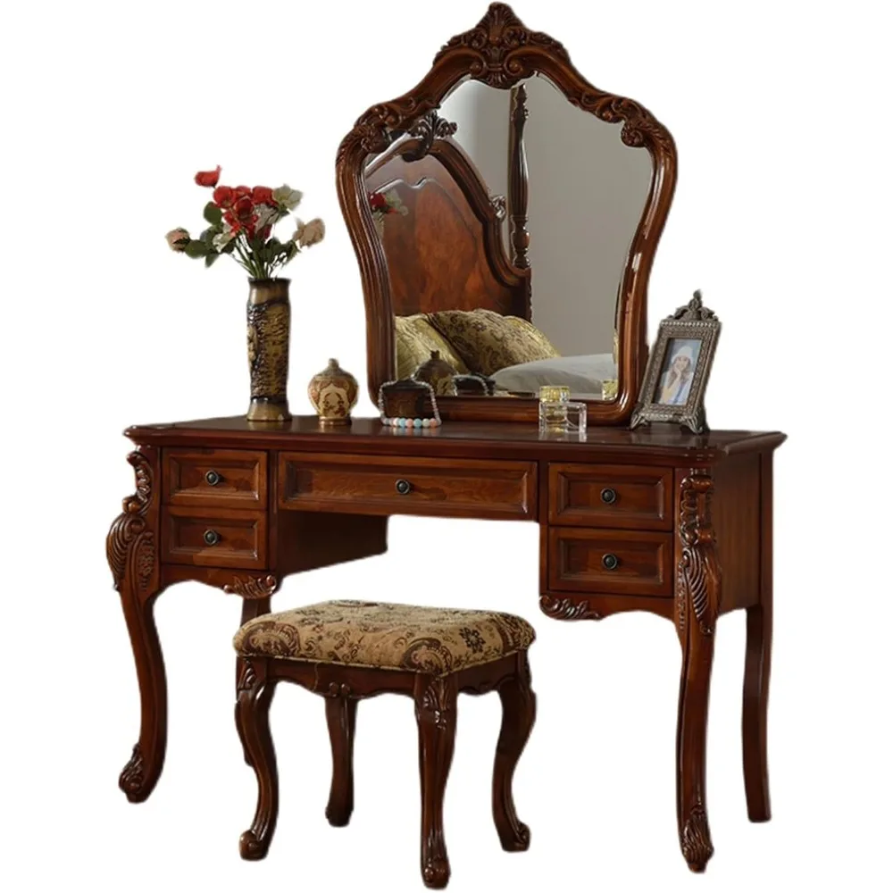 Mid Century Antique Makeup Vanity European Vintage Brown Makeup Table with 5 Drawers and Mirror, Fabric Upholstered Stool
Mid Century Antique Makeup Vanity European Vintage Brown Makeup Table with 5 Drawers and Mirror, Fabric Upholstered Stool