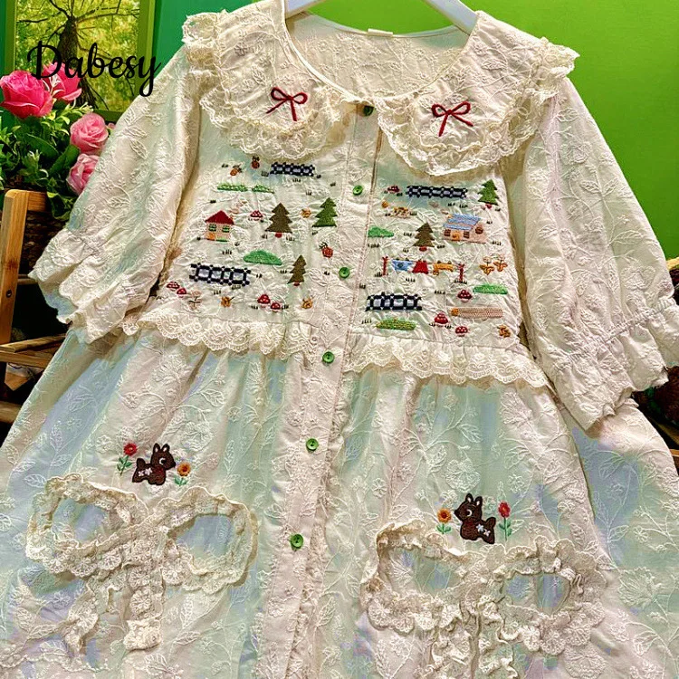 Sweet Lace Ruffled Shirts Women Vintage Embroidery Peter Pan Collar Kawaii Blouse Summer Japan Mori Girl Short Sleeve Loose Tops
Sweet Lace Ruffled Shirts Women Vintage Embroidery Peter Pan Collar Kawaii Blouse Summer Japan Mori Girl Short Sleeve Loose Tops