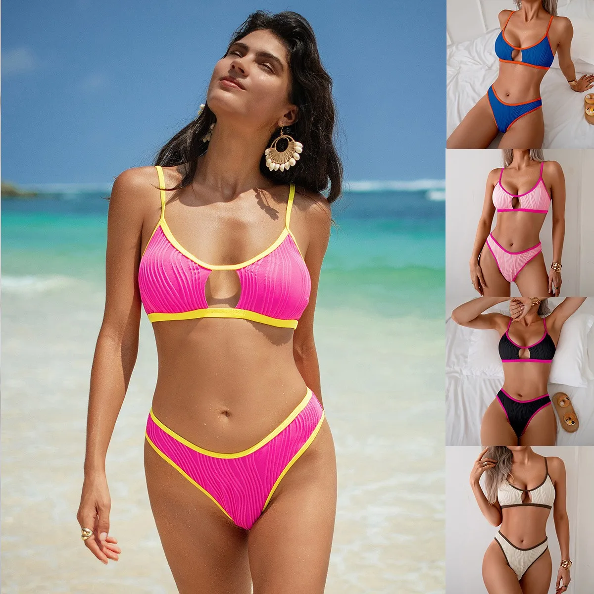 Bright Pink Bikini Cut Out Detail Cream With Brown Trim Bikinis Thin Straps High Cut Bottom Two Piece Swimsuit Light Pink
Bright Pink Bikini Cut Out Detail Cream With Brown Trim Bikinis Thin Straps High Cut Bottom Two Piece Swimsuit Light Pink