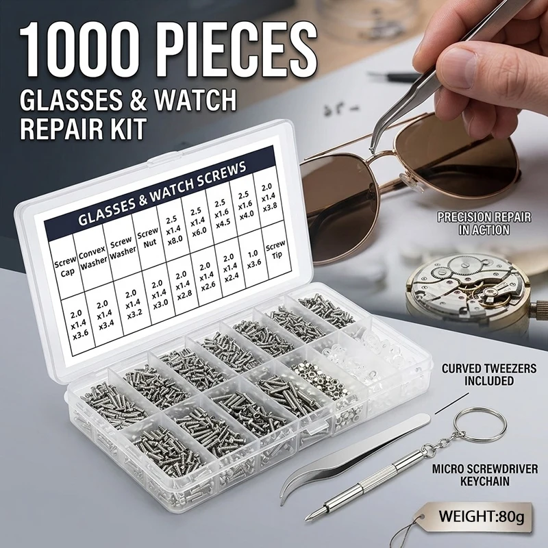 1000pcs/box Eyeglasses Sunglasses Repair Kit Tool Glasses Screwdriver Screw Sets Nose Pad Optical Repair Tool Parts Assorted Kit
1000pcs/box Eyeglasses Sunglasses Repair Kit Tool Glasses Screwdriver Screw Sets Nose Pad Optical Repair Tool Parts Assorted Kit