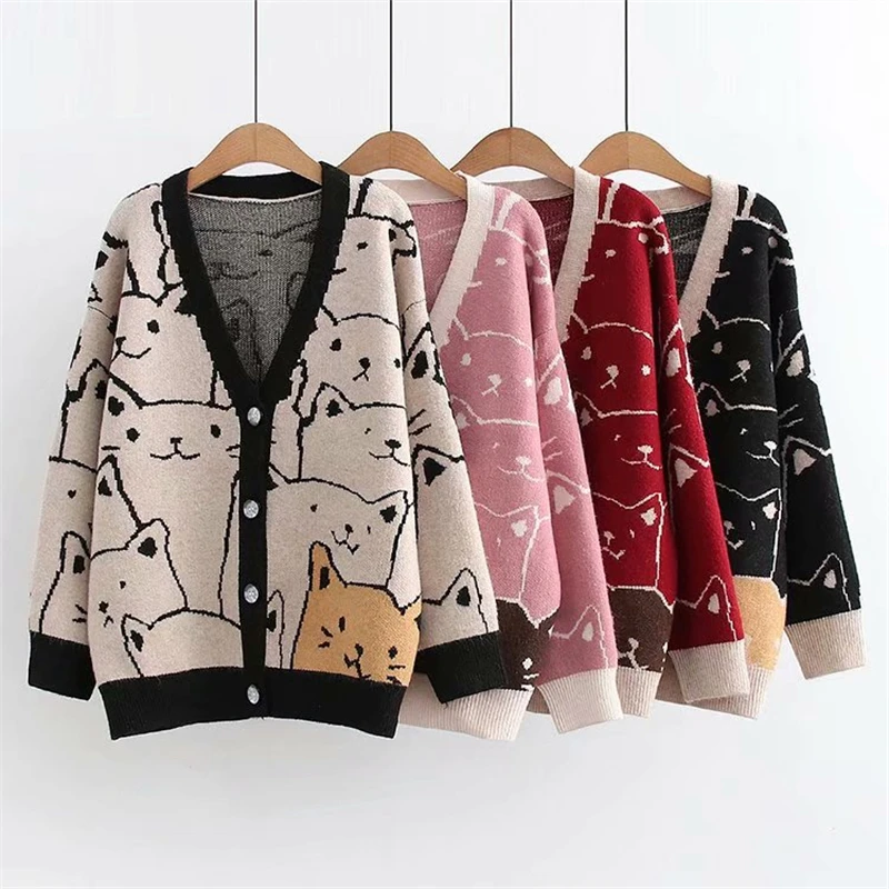 Autumn New Korean Loose V Neck Button Long Sleeve Cartoon Cat Jacquard Knitted Cardigan For Women Art Cute Casual Sweater Coat
Autumn New Korean Loose V Neck Button Long Sleeve Cartoon Cat Jacquard Knitted Cardigan For Women Art Cute Casual Sweater Coat