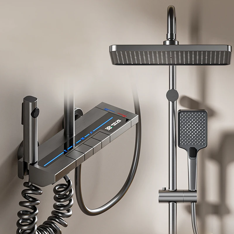 Home Hotel Bathroom Toilet Shower Ambiance Copper Body Light Digital Display Hot and Cold Shower Set Complete Set New Technology Modern Shower Set
Home Hotel Bathroom Toilet Shower Ambiance Copper Body Light Digital Display Hot and Cold Shower Set Complete Set New Technology Modern Shower Set