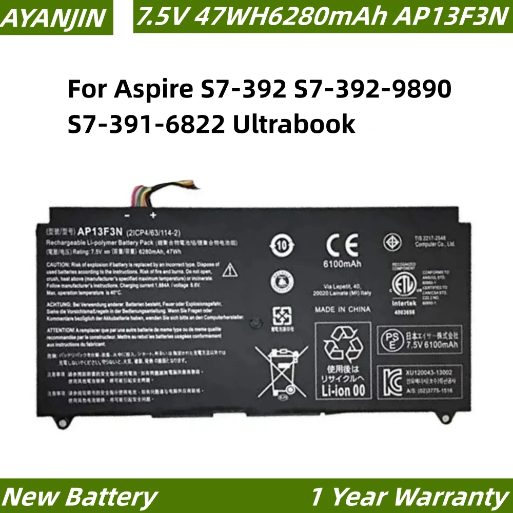 7.5V 47WH/6280mAh AP13F3N 2ICP4/63/114-2 Laptop Battery For Aspire S7-392 S7-392-9890 S7-391-6822 Ultrabook
7.5V 47WH/6280mAh AP13F3N 2ICP4/63/114-2 Laptop Battery For Aspire S7-392 S7-392-9890 S7-391-6822 Ultrabook