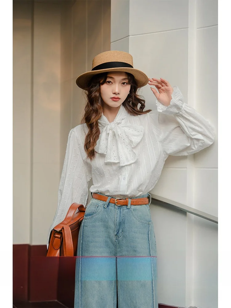 White Lace Trim Knot Sa Bubble Sve irt Women's Spring Inner Wear Cotton Pure French Sle Straight Cut Blouse
White Lace Trim Knot Sa Bubble Sve irt Women's Spring Inner Wear Cotton Pure French Sle Straight Cut Blouse