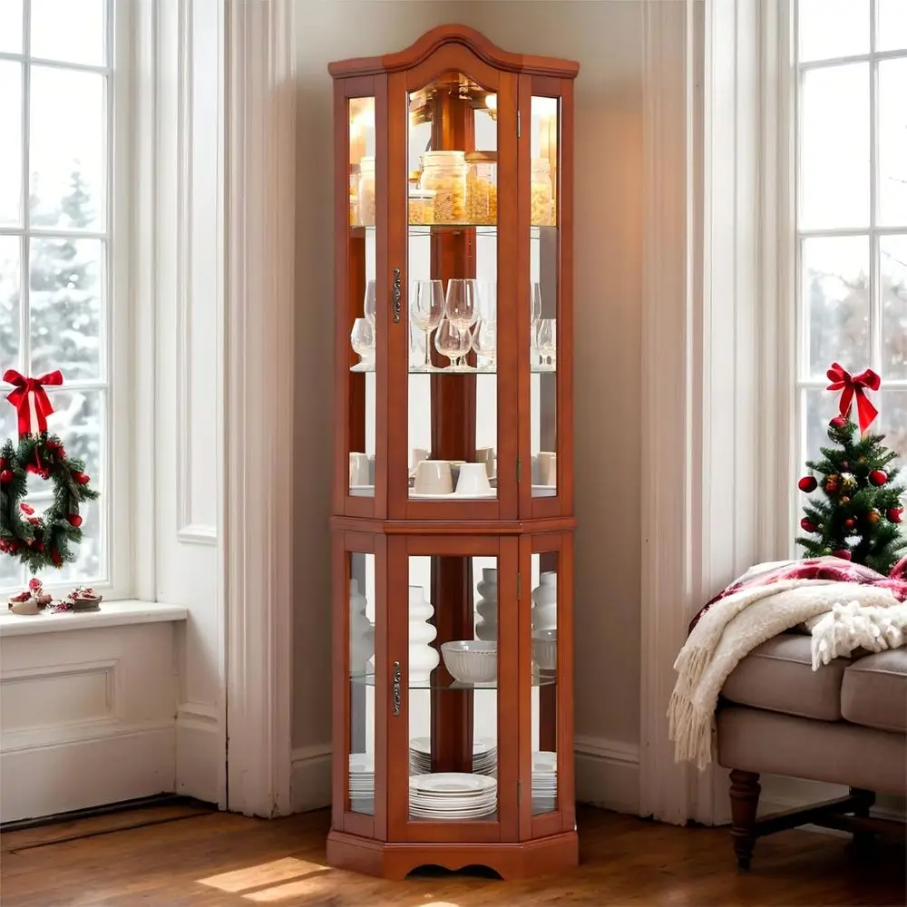 70.5 Walnut Lighted Glass Display Cabinet with Adjustable Shelves for Curios, Wine, and Liquor Storage (E26 Bulb Not Included)
70.5 Walnut Lighted Glass Display Cabinet with Adjustable Shelves for Curios, Wine, and Liquor Storage (E26 Bulb Not Included)