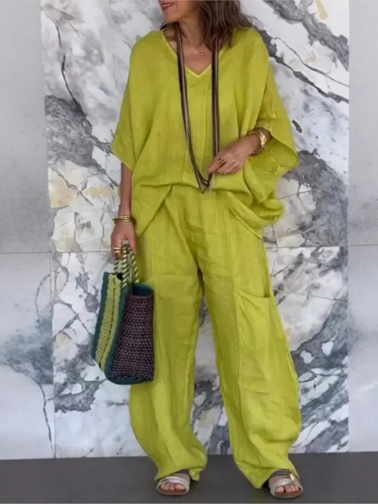 Woman's Spring Autumn Elegant SolidTwo Piece Set Fashion V-neck Loose Top+Wide Leg Pants Suit With Pocket Ladies Office Outfit
Woman's Spring Autumn Elegant SolidTwo Piece Set Fashion V-neck Loose Top+Wide Leg Pants Suit With Pocket Ladies Office Outfit