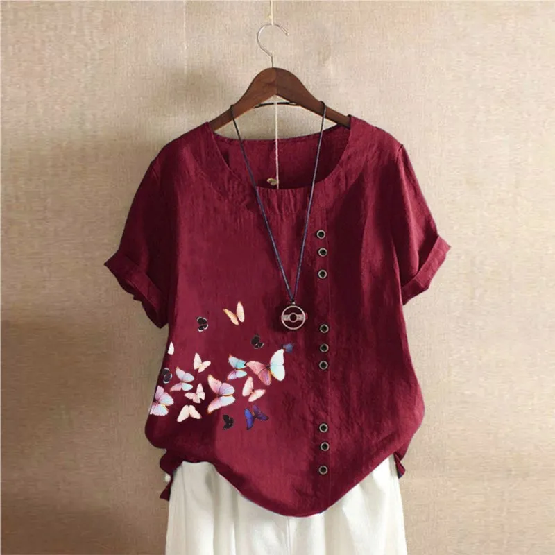 Women's Summer Retro Casual Loose Cotton Linen Short Sleeved Shirts Top Female Butterfly Print Round Neck Pullover Shirt Blouse
Women's Summer Retro Casual Loose Cotton Linen Short Sleeved Shirts Top Female Butterfly Print Round Neck Pullover Shirt Blouse