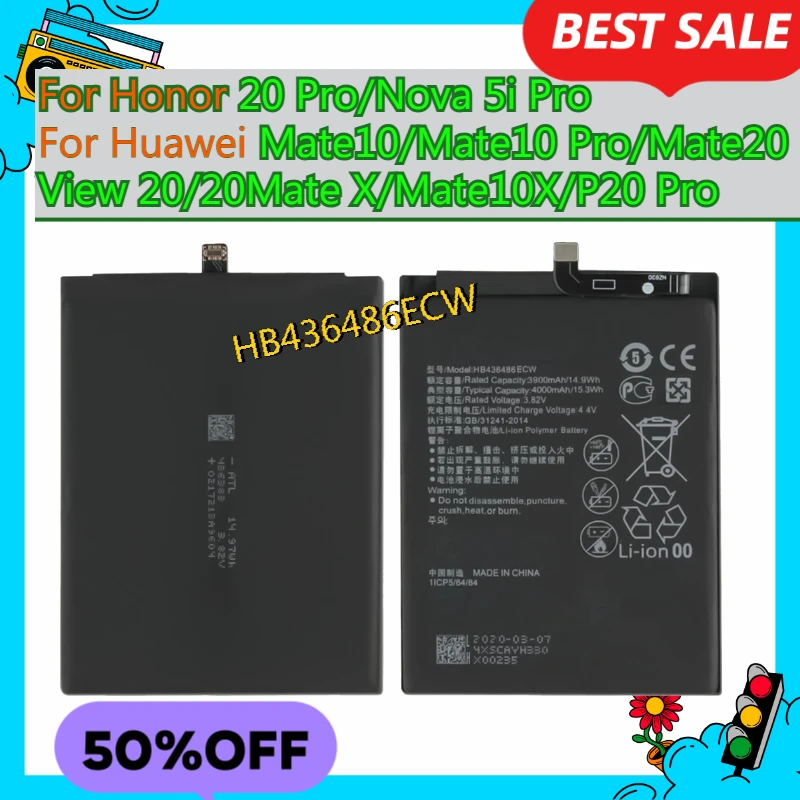 HB436486ECW Battery For Huawei Honor 20 Pro/Nova 5i Pro/Mate10/Mate10 Pro/Mate20/View 20/20Mate X/Mate10X/P20 Pro Batteries
HB436486ECW Battery For Huawei Honor 20 Pro/Nova 5i Pro/Mate10/Mate10 Pro/Mate20/View 20/20Mate X/Mate10X/P20 Pro Batteries