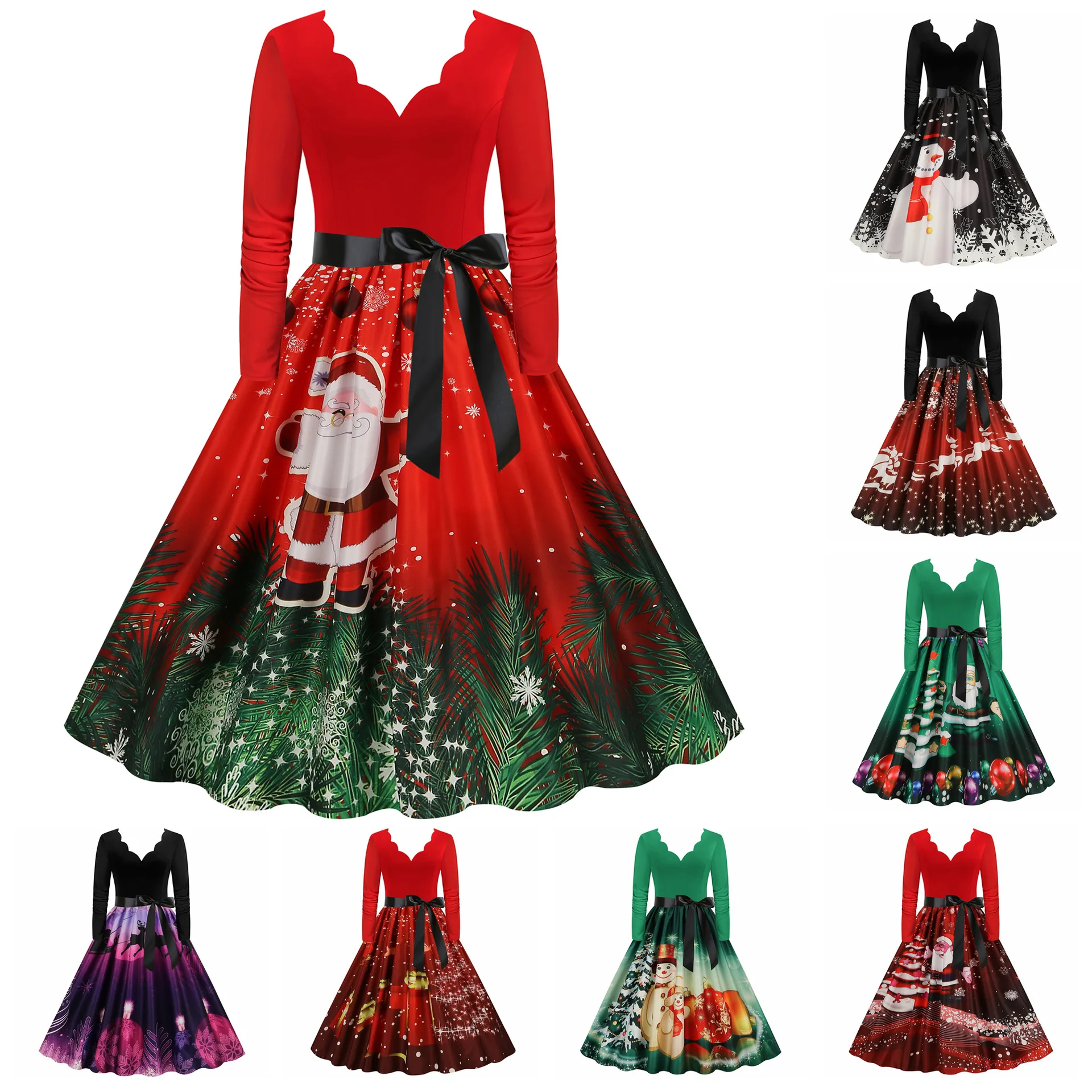 New Christmas dress up, women's temperament, burnt flower V-neck long sleeved patchwork print retro big swing skirt
New Christmas dress up, women's temperament, burnt flower V-neck long sleeved patchwork print retro big swing skirt