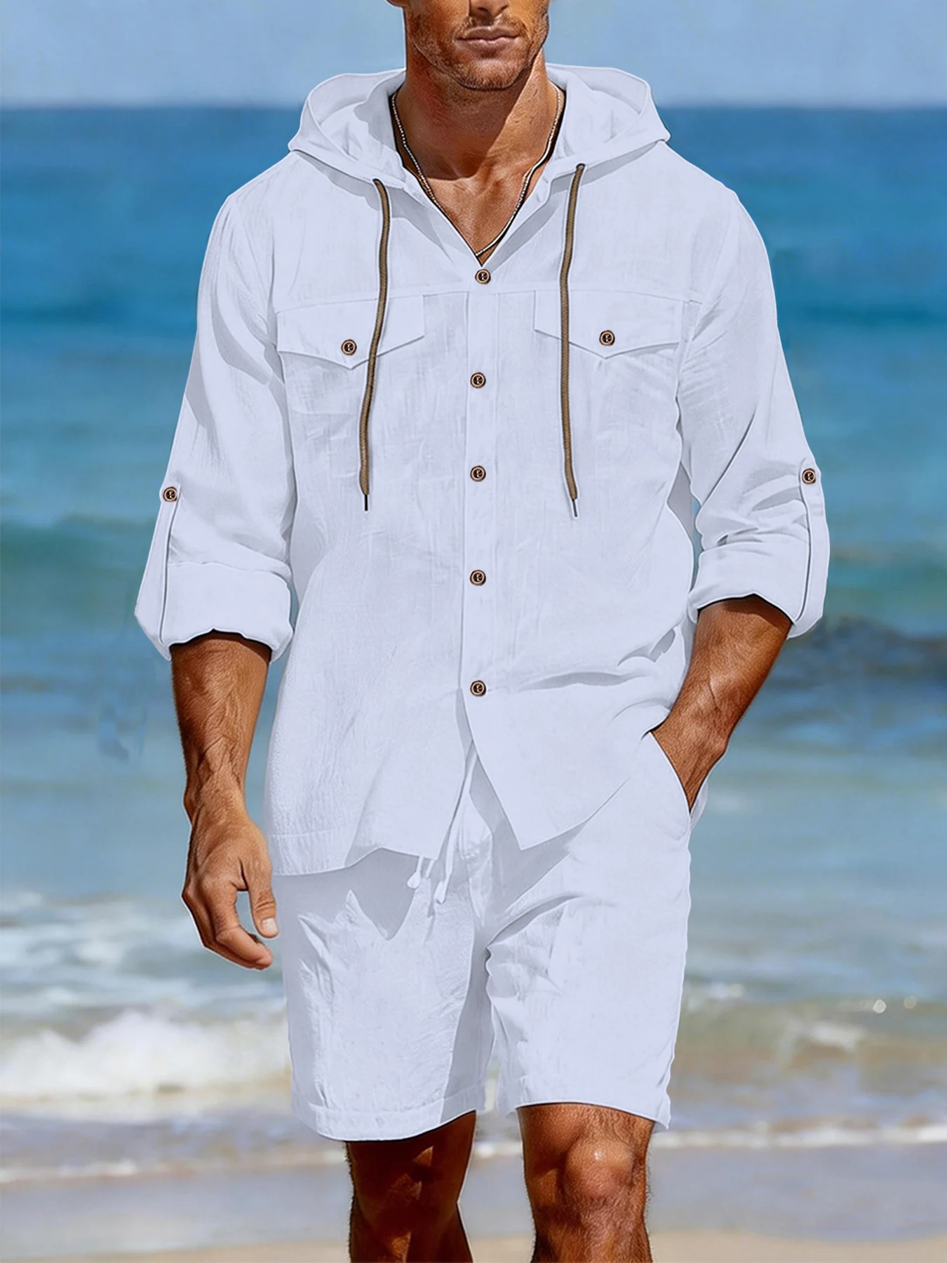 Men's hooded shirt shorts set, casual loose and rollable sleeve top, drawstring shorts, summer men's set
Men's hooded shirt shorts set, casual loose and rollable sleeve top, drawstring shorts, summer men's set