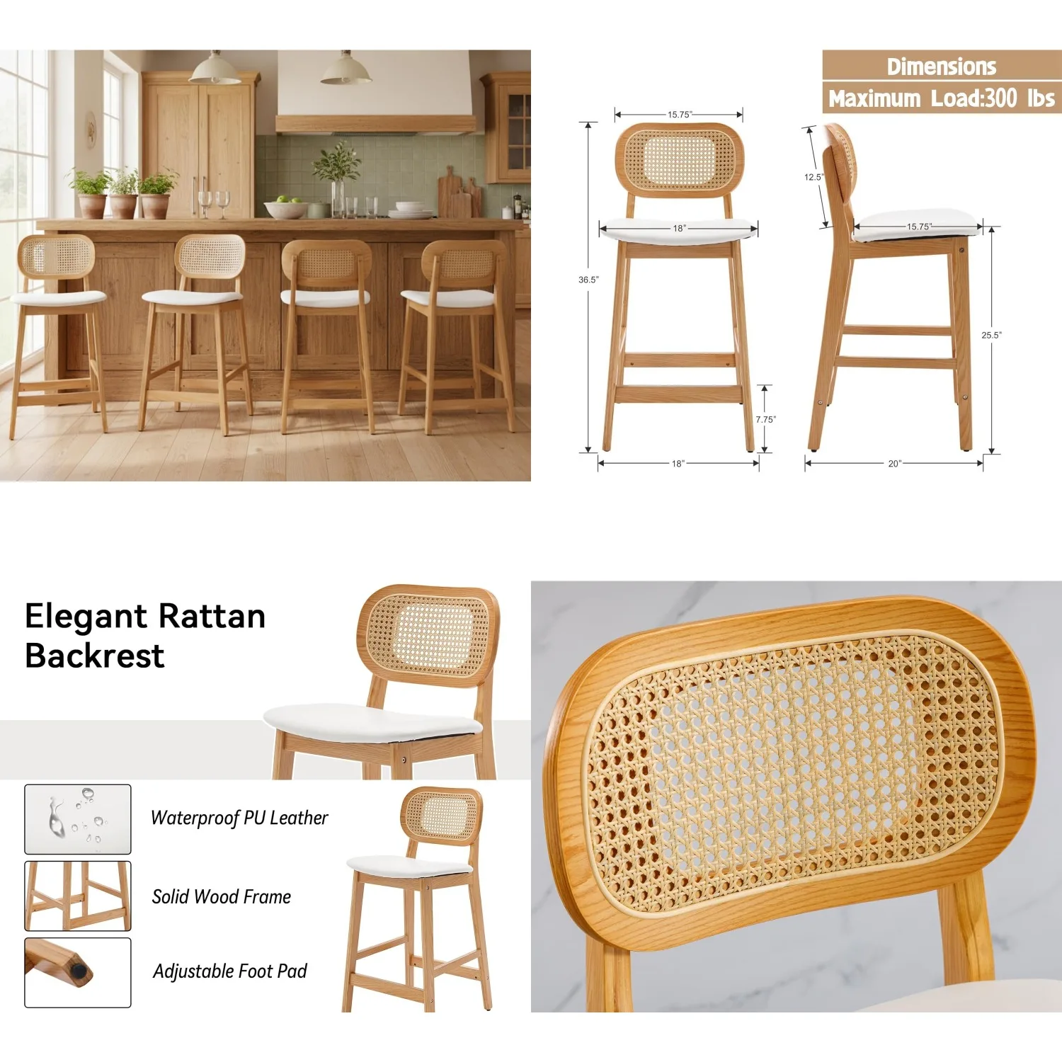 Rattan Counter Height Bar Stools Set 4 Wood Cane Back Faux Leather Boho Kitchen Island Chairs White, Customized
Rattan Counter Height Bar Stools Set 4 Wood Cane Back Faux Leather Boho Kitchen Island Chairs White, Customized