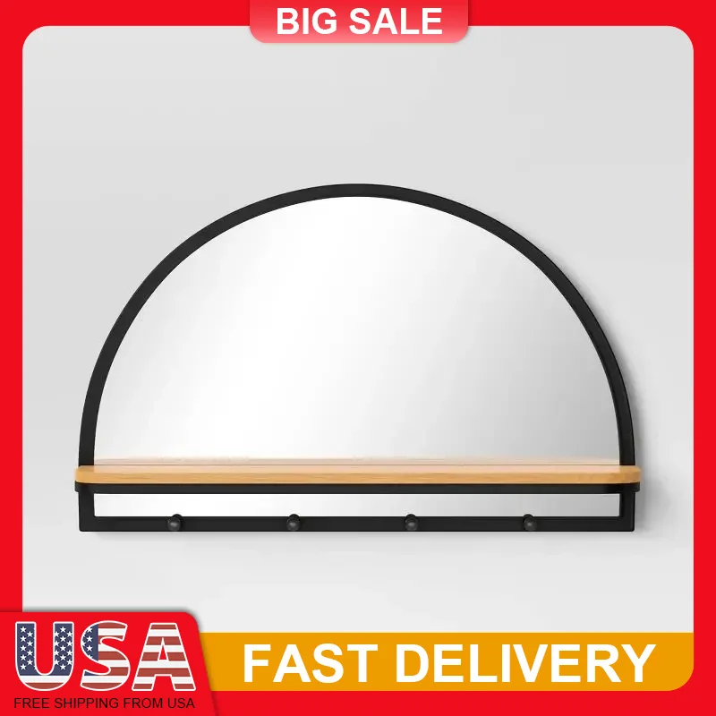 24 Inch Arch Wall Mirror with Shelf Hooks Entryway Bathroom Decor Wooden Shelf Metal Frame Hanging Hardware Home Organization
24 Inch Arch Wall Mirror with Shelf Hooks Entryway Bathroom Decor Wooden Shelf Metal Frame Hanging Hardware Home Organization