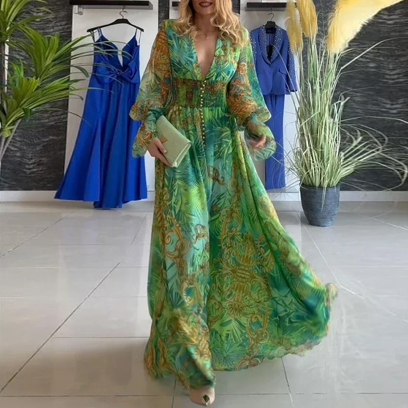 Spring Ladies Sexy Deep V High Waist Evening Dress Elegant Draped Dress Green Printed A-line Party Dresses Vintage Long Dress
Spring Ladies Sexy Deep V High Waist Evening Dress Elegant Draped Dress Green Printed A-line Party Dresses Vintage Long Dress