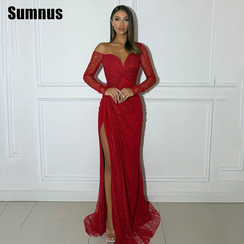 Sumnus Sexy Mermaid Prom Dress Red Lace One Shoulder Long Sleeves Side Slit Evening Dress فساتين سهرة Customized
Sumnus Sexy Mermaid Prom Dress Red Lace One Shoulder Long Sleeves Side Slit Evening Dress فساتين سهرة Customized
