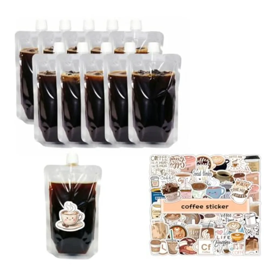 Coffee Plastic Pouches with Coffee Sticker - Plastic Flasks for Liquid, 8 Oz Drink Pouches Leak-Proof, Reusable, Flexible Juice
Coffee Plastic Pouches with Coffee Sticker - Plastic Flasks for Liquid, 8 Oz Drink Pouches Leak-Proof, Reusable, Flexible Juice