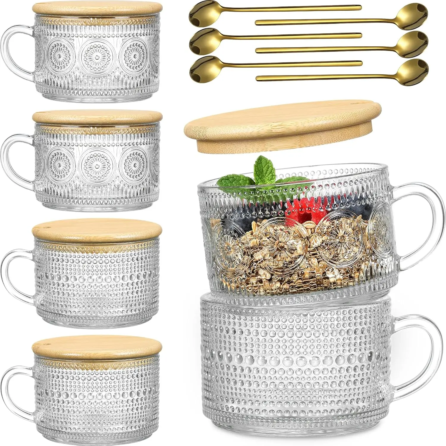 6-Pack 14oz Vintage Glass Coffee Mugs with Bamboo Lids & Spoons, Embossed Design for Iced Drinks
6-Pack 14oz Vintage Glass Coffee Mugs with Bamboo Lids & Spoons, Embossed Design for Iced Drinks