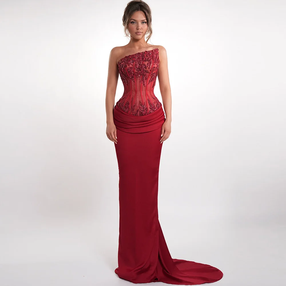 Classic Strapless Sleeveless Celebrity Gowns Exquisite Beading Tulle Evening Dress Simple Satin Mermaid Customized Prom Dresses
Classic Strapless Sleeveless Celebrity Gowns Exquisite Beading Tulle Evening Dress Simple Satin Mermaid Customized Prom Dresses