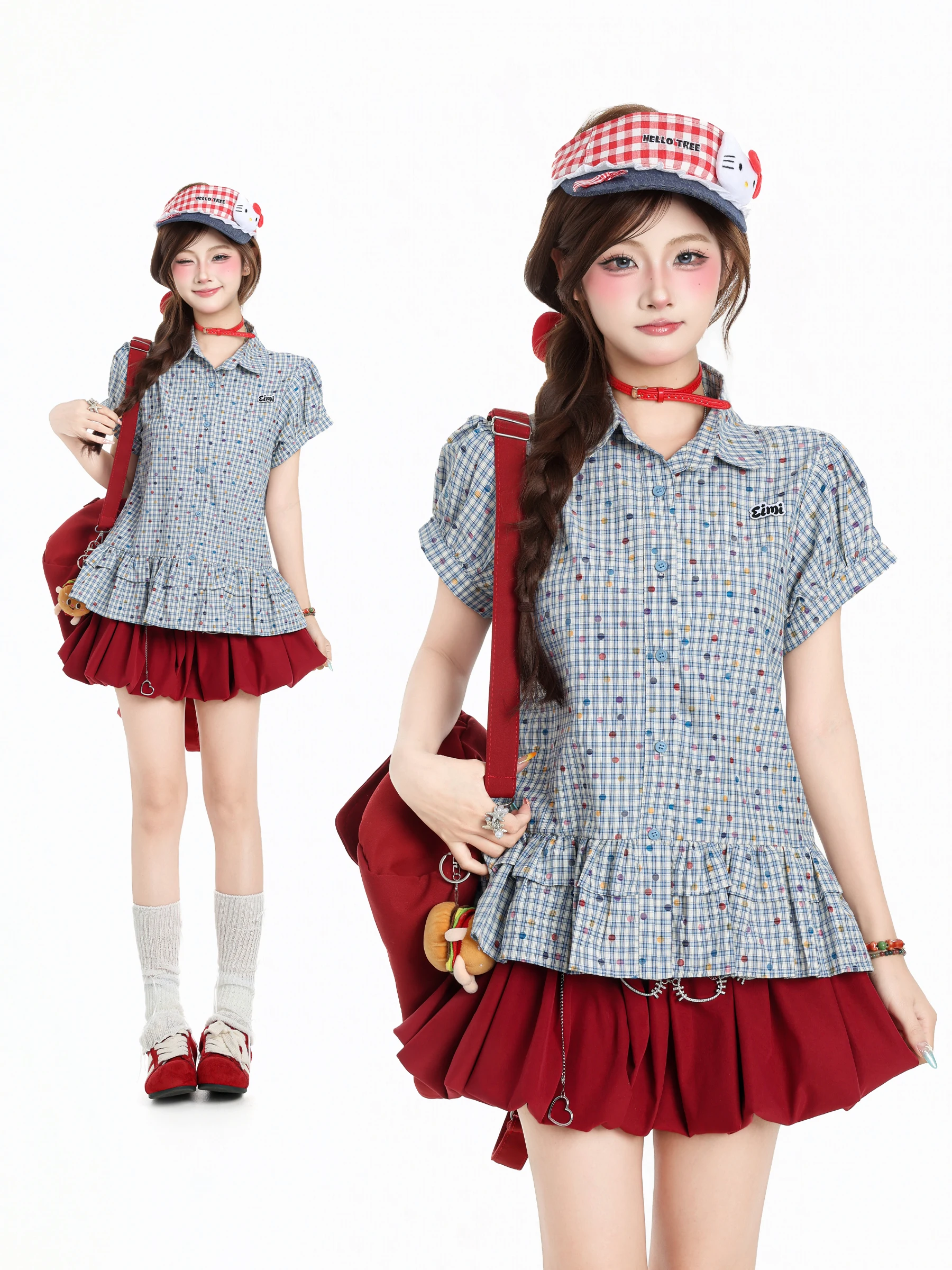 Blue Polka Dot Plaid Short Sleeve Women's Shirt HTYM Korean Sweet Style Waist Cinched School Uniform Trendy Top Casual Wear
Blue Polka Dot Plaid Short Sleeve Women's Shirt HTYM Korean Sweet Style Waist Cinched School Uniform Trendy Top Casual Wear
