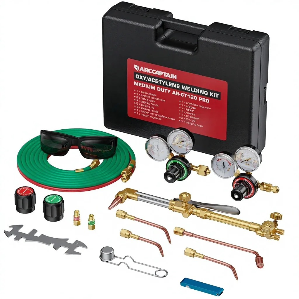 ARCCAPTAIN Oxy Acetylene Torch Kit with Check Valves Medium Regulator Gauges 3 Welding Tips Cutting Tip Storage Case
ARCCAPTAIN Oxy Acetylene Torch Kit with Check Valves Medium Regulator Gauges 3 Welding Tips Cutting Tip Storage Case