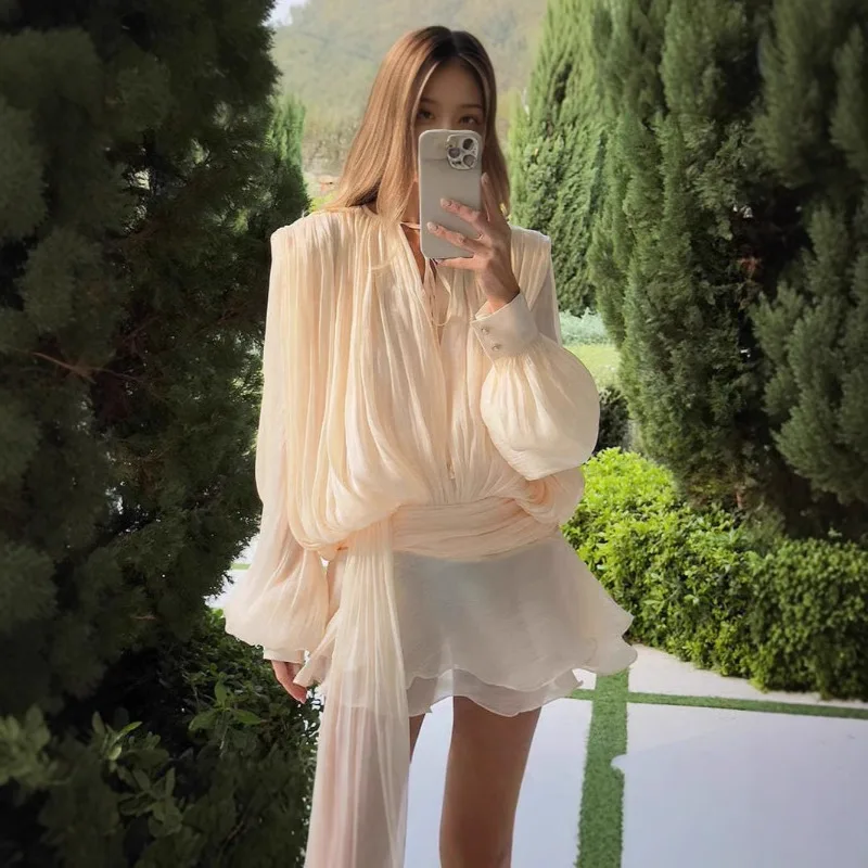 Elegant Solid Pleated Blouse Mini Dress Women Fashion Lace Up O-neck Long Sleeve Ribbon Ruffles Party Dresses Holiday Outfits 
Elegant Solid Pleated Blouse Mini Dress Women Fashion Lace Up O-neck Long Sleeve Ribbon Ruffles Party Dresses Holiday Outfits