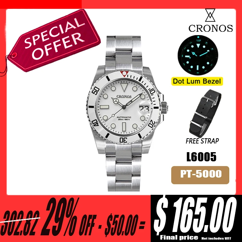 Cronos New 40mm Diver Men Watches Luxury Business PT5000 Automatic Mechanical Watch Sapphire Waterproof 200m Glideclasp L6005
Cronos New 40mm Diver Men Watches Luxury Business PT5000 Automatic Mechanical Watch Sapphire Waterproof 200m Glideclasp L6005