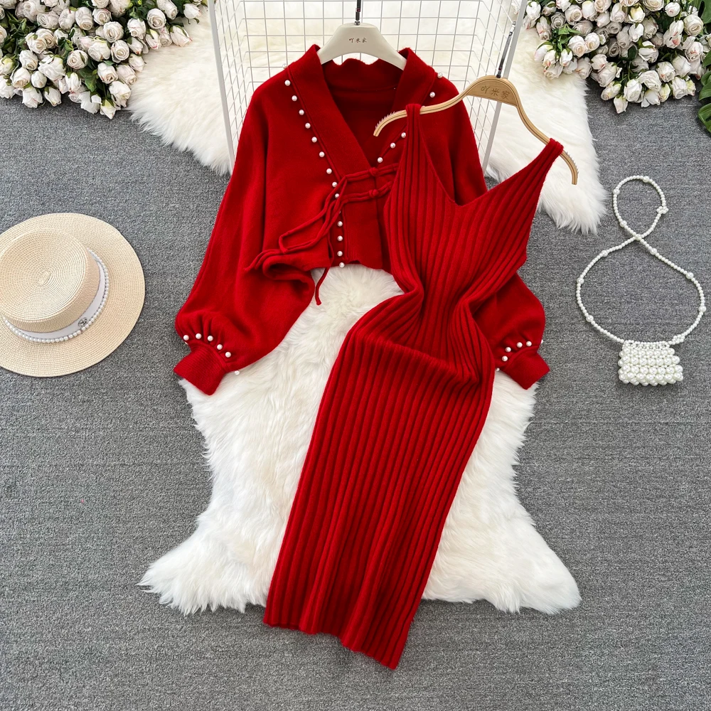 Women Knit Two Pieces Sets Sweater Batwing Long Sleeve Vneck Cardigan and Stretch Bodycone Dress Autumn Winter Pencil Dress
Women Knit Two Pieces Sets Sweater Batwing Long Sleeve Vneck Cardigan and Stretch Bodycone Dress Autumn Winter Pencil Dress