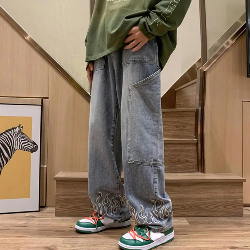 Men Denim Pants Flame Patterned Men's Casual Jeans with Big Pockets Distressed Design Wide Leg Denim Trousers for High Street
Men Denim Pants Flame Patterned Men's Casual Jeans with Big Pockets Distressed Design Wide Leg Denim Trousers for High Street