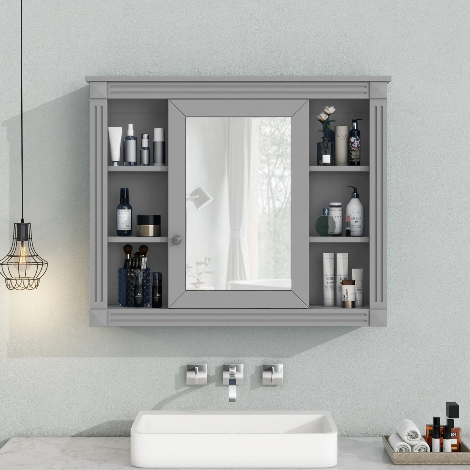 35'' x 28'' Wall Mounted Bathroom Storage Cabinet with Mirror and 6 Open Shelves
35'' x 28'' Wall Mounted Bathroom Storage Cabinet with Mirror and 6 Open Shelves