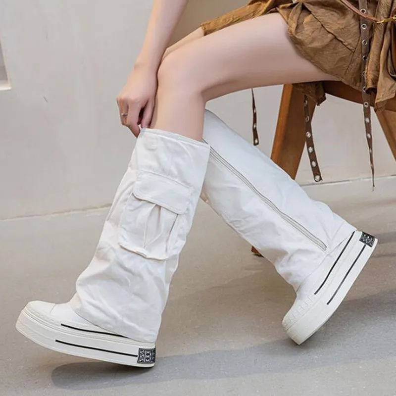 New 2026 Women Fashion Denim Canvas High Boots Height Increasing Sole 12CM Trendy Street Boots Zipper Open Pocket Platform Botas
New 2026 Women Fashion Denim Canvas High Boots Height Increasing Sole 12CM Trendy Street Boots Zipper Open Pocket Platform Botas