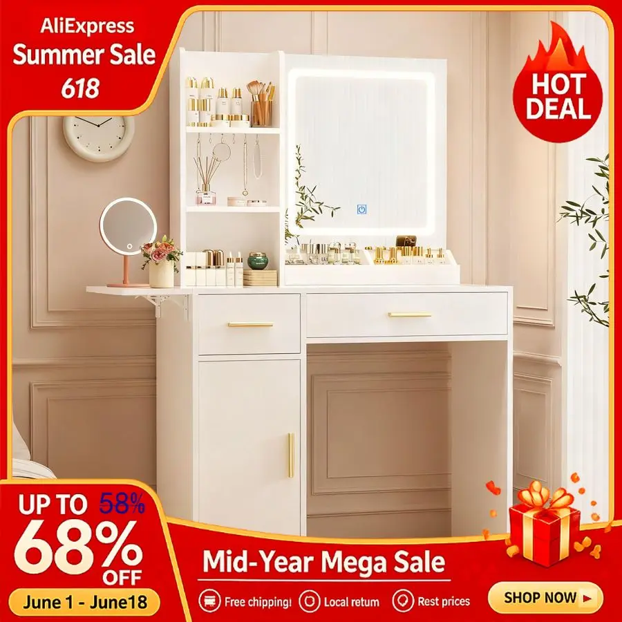 Vanity Desk with Mirror and Lights Extral Foldable Desk, 31.5 39.3 Makeup Vanity Table with 5 Drawers and 3 Open Shelve, Custom
Vanity Desk with Mirror and Lights Extral Foldable Desk, 31.5 39.3 Makeup Vanity Table with 5 Drawers and 3 Open Shelve, Custom
