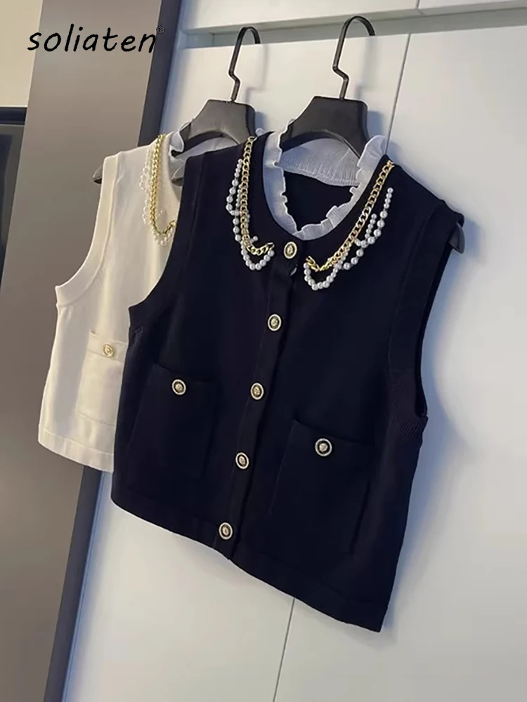 Spring Summer Women Casual Waistcoat Slim Vest Elegant Female Outwear Bead Chain Fungus Collar Chic Tops Knitted Cardigan C-399
Spring Summer Women Casual Waistcoat Slim Vest Elegant Female Outwear Bead Chain Fungus Collar Chic Tops Knitted Cardigan C-399