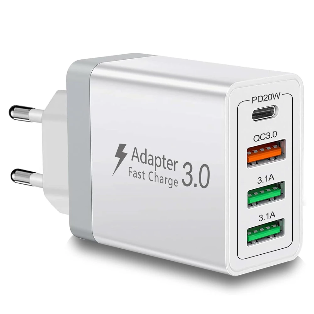 40W 4-Port USB Type C Fast Wall Adapter for Quick Charge Mobile Phone Charger QC3.0 PD3.0 Fast Charging EU/UK Plug for iPhone
40W 4-Port USB Type C Fast Wall Adapter for Quick Charge Mobile Phone Charger QC3.0 PD3.0 Fast Charging EU/UK Plug for iPhone
