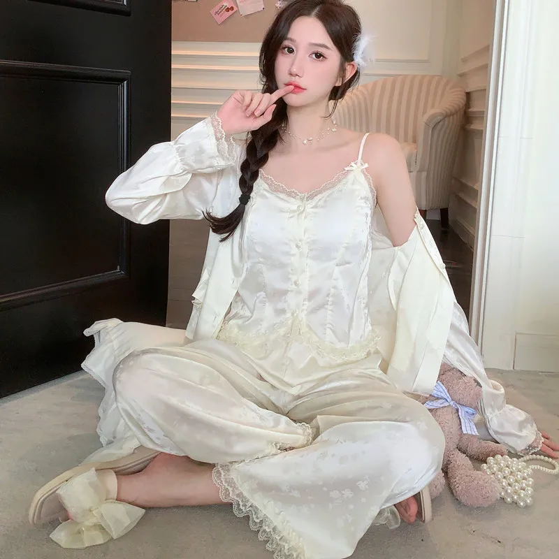Pajamas Set Lace Women 3Pcs Sexy Satin Nightsuits O-Neck Shirt Sling Pants Sleep Suit Nightshirts Pyjama
Pajamas Set Lace Women 3Pcs Sexy Satin Nightsuits O-Neck Shirt Sling Pants Sleep Suit Nightshirts Pyjama