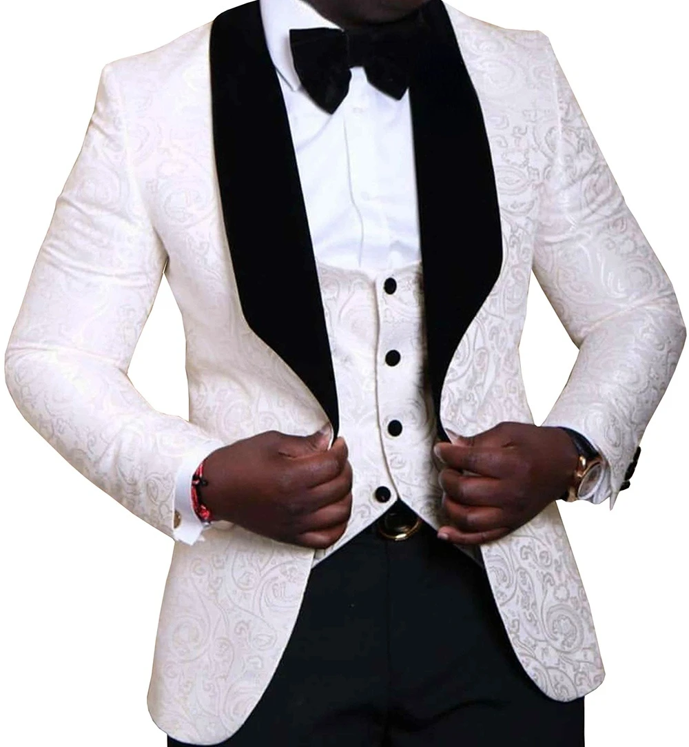 Ivory 3 Pieces Men's Suit Floral Jacquard Black Shawl Lapel Groomsmen Tuxedos for Wedding Suits Men 2022 (Blazer+Vest+Pants)
Ivory 3 Pieces Men's Suit Floral Jacquard Black Shawl Lapel Groomsmen Tuxedos for Wedding Suits Men 2022 (Blazer+Vest+Pants)