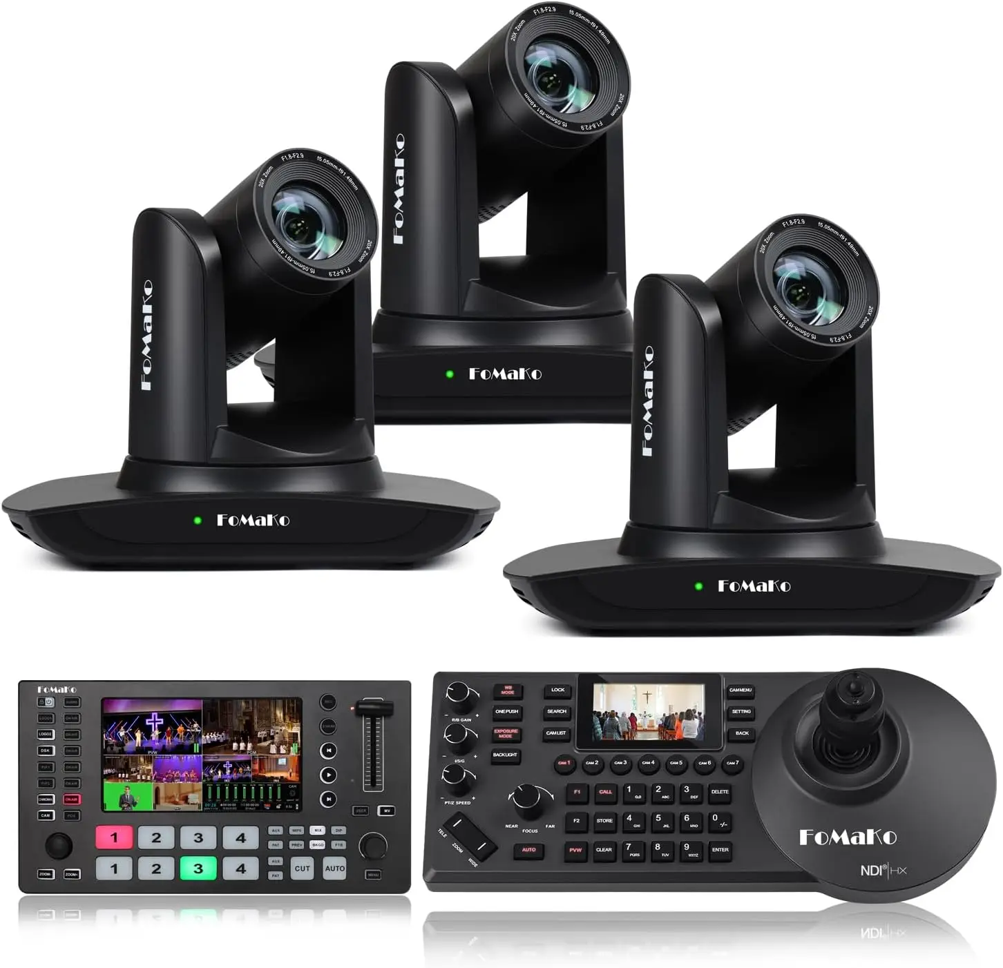FoMaKo AI Автоматическое отслеживание HDMI PTZ-камеры, 20-кратный оптический зум (3 шт.), переключатель видеомикшера M3 + контроллер PTZ KC608 NDI для церкви
FoMaKo AI Автоматическое отслеживание HDMI PTZ-камеры, 20-кратный оптический зум (3 шт.), переключатель видеомикшера M3 + контроллер PTZ KC608 NDI для церкви