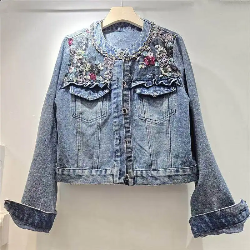 Fashion Sequins Flowers Lace Patchwork Blue Short Denim Jacket Women Round Neck Single-Breasted Long Sleeve Jeans Jacket Coat
Fashion Sequins Flowers Lace Patchwork Blue Short Denim Jacket Women Round Neck Single-Breasted Long Sleeve Jeans Jacket Coat