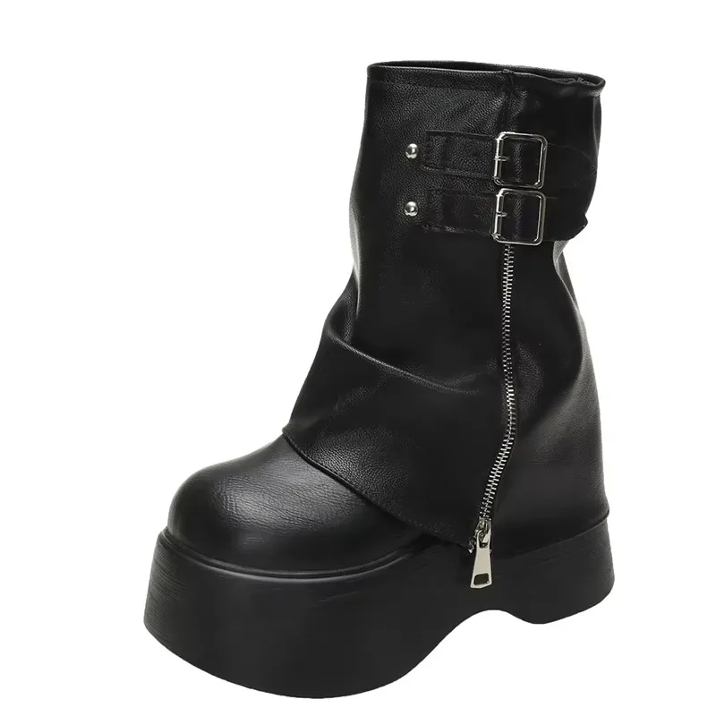 Soft Leather Ankle Mid Calf Boots Winter Autumn High Platform Wedge British Booties Woman New Ladies Chunky Motorcycle Boots 9CM 
Soft Leather Ankle Mid Calf Boots Winter Autumn High Platform Wedge British Booties Woman New Ladies Chunky Motorcycle Boots 9CM