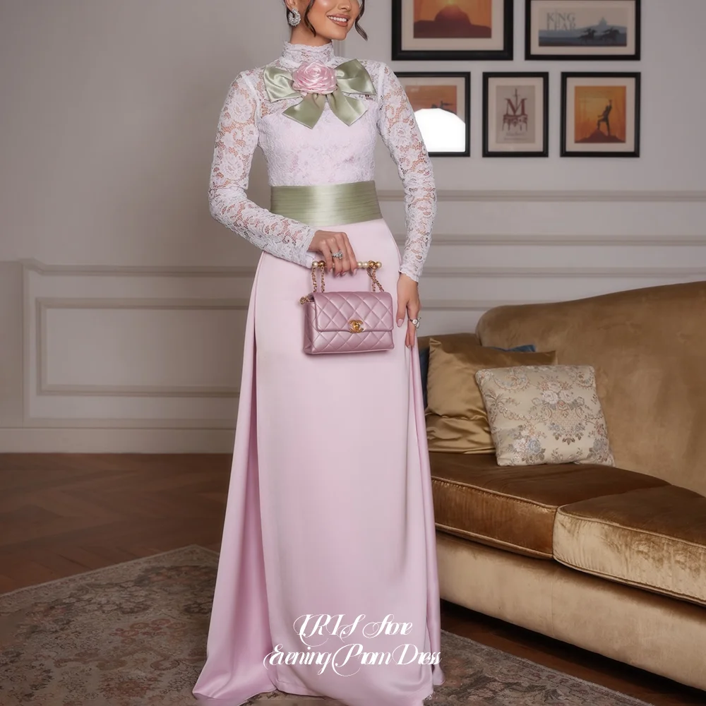 IRIS Elegant Pink High Neck Full Floral Lace Long Sleeve Green Satin Big Bow 3D Rose Corset Waist Satin Prom Dresses for Women
IRIS Elegant Pink High Neck Full Floral Lace Long Sleeve Green Satin Big Bow 3D Rose Corset Waist Satin Prom Dresses for Women