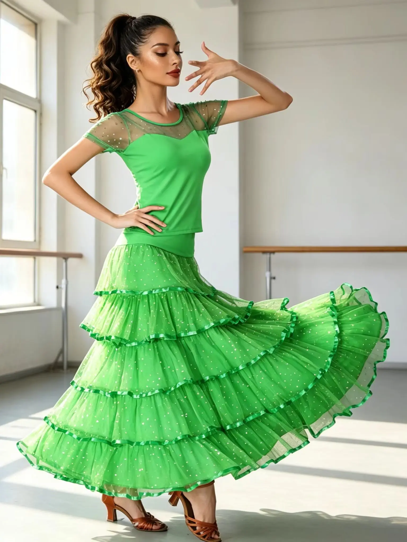 Women's Ballroom Dance Set Sheer Mesh Top + Sparkly Tiered Maxi Skirt for Latin Salsa Tango Flamenco
Women's Ballroom Dance Set Sheer Mesh Top + Sparkly Tiered Maxi Skirt for Latin Salsa Tango Flamenco