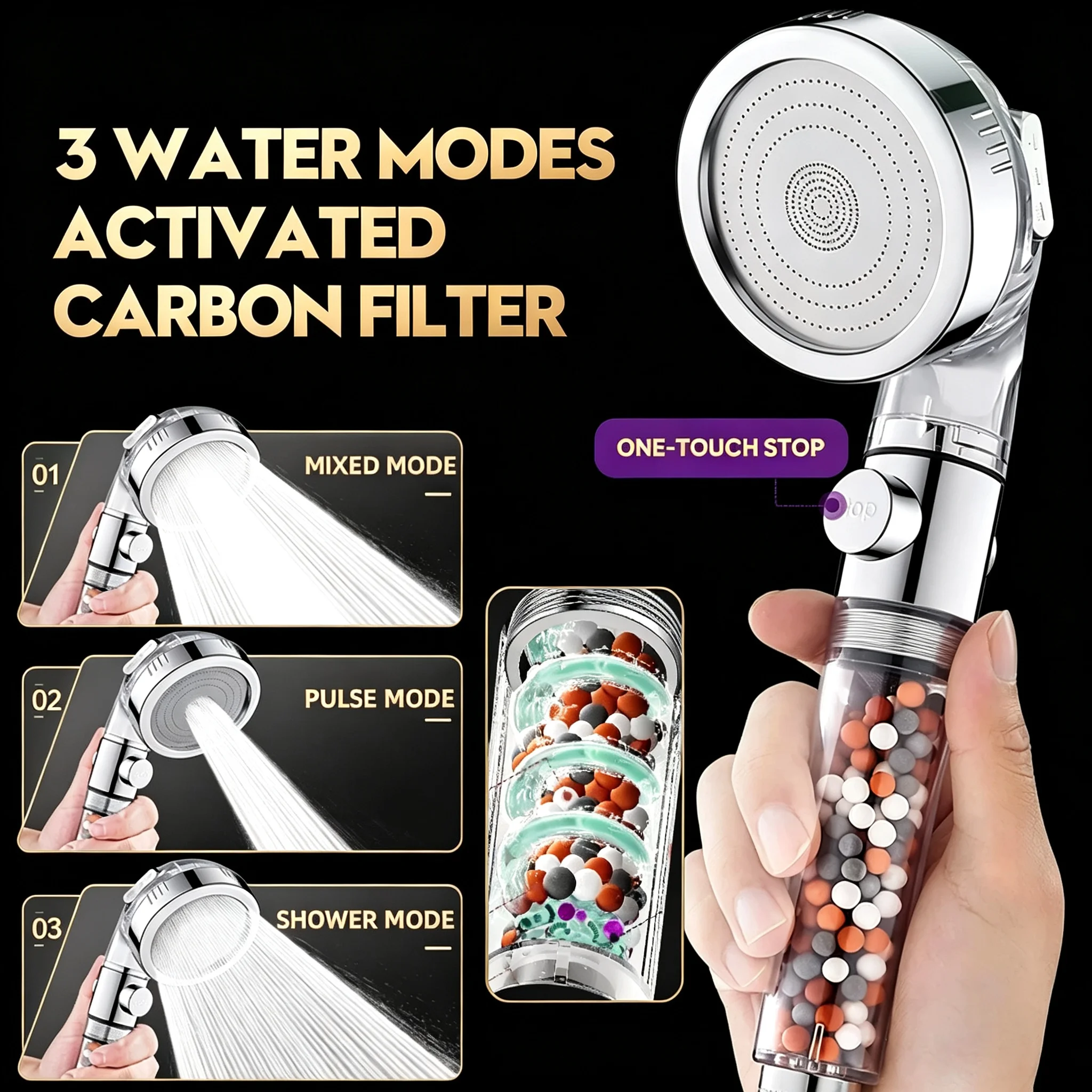 Handheld High Pressure Filter Shower Head with Switch 3 Water Modes Activated Carbon Filter Beads for Soft Water Skin Care
Handheld High Pressure Filter Shower Head with Switch 3 Water Modes Activated Carbon Filter Beads for Soft Water Skin Care