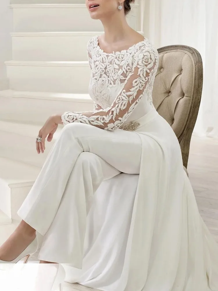 Elegant Overskirts Jumpsuits Wedding Dresses Long Sleeves O-neck Lace Beach Bridal Gowns Boho Wedding Dress Pants
Elegant Overskirts Jumpsuits Wedding Dresses Long Sleeves O-neck Lace Beach Bridal Gowns Boho Wedding Dress Pants