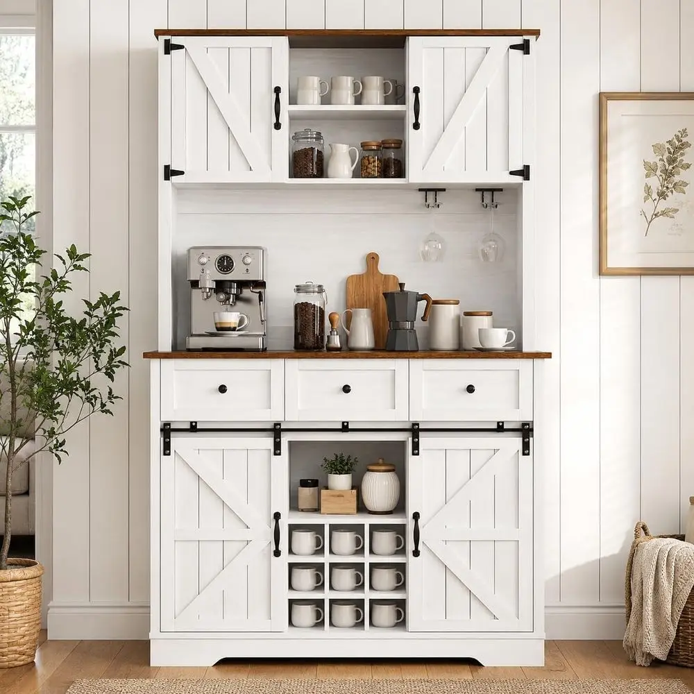 72 Tall Kitchen Storage Cabinet with 3 Drawers, 9-Bottle Wine Rack, 6 Hooks, Sliding Barn Door, Adjustable Shelves, White
72 Tall Kitchen Storage Cabinet with 3 Drawers, 9-Bottle Wine Rack, 6 Hooks, Sliding Barn Door, Adjustable Shelves, White
