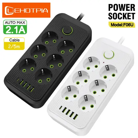 Toma de corriente estándar europea, enchufe europeo, toma de CA, cable de extensión multitap de 2M, filtro de red con 4 puertos USB 1 C de carga